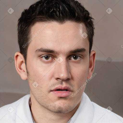 Neutral white young-adult male with short  brown hair and brown eyes