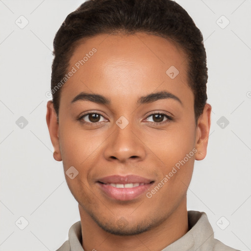 Joyful white young-adult female with short  brown hair and brown eyes