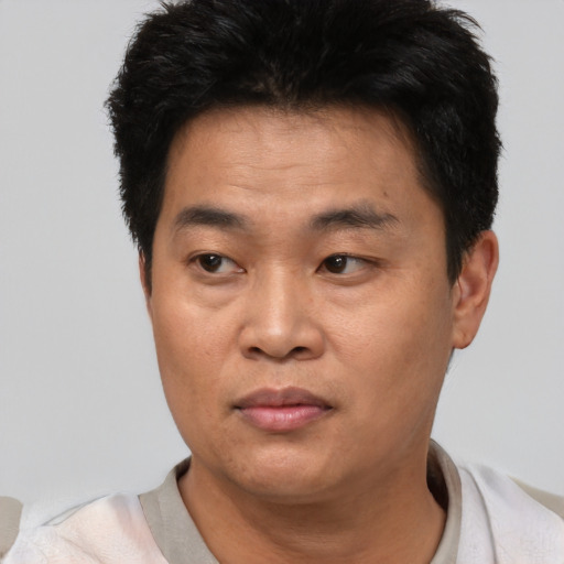 Neutral asian young-adult male with short  black hair and brown eyes