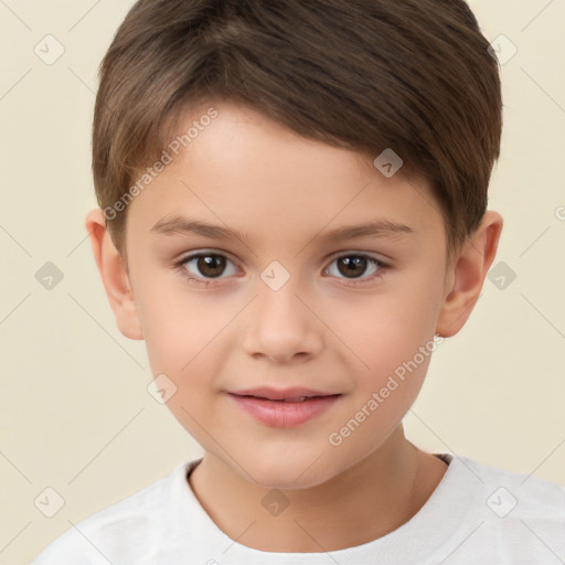 Joyful white child male with short  brown hair and brown eyes