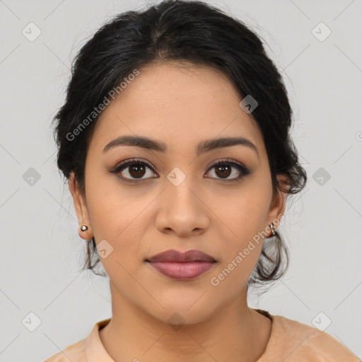 Joyful latino young-adult female with medium  brown hair and brown eyes