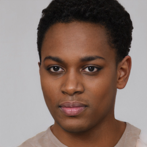 Neutral black young-adult female with short  black hair and brown eyes