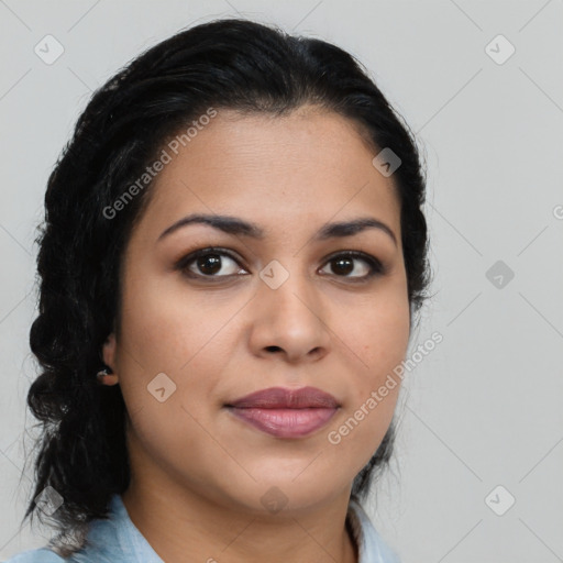 Joyful latino young-adult female with long  brown hair and brown eyes