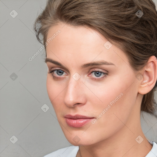 Neutral white young-adult female with medium  brown hair and blue eyes