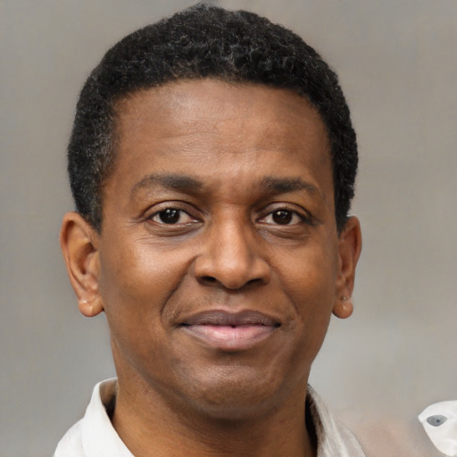 Joyful black adult male with short  brown hair and brown eyes