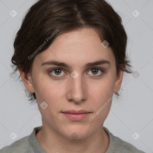 Neutral white young-adult female with medium  brown hair and brown eyes