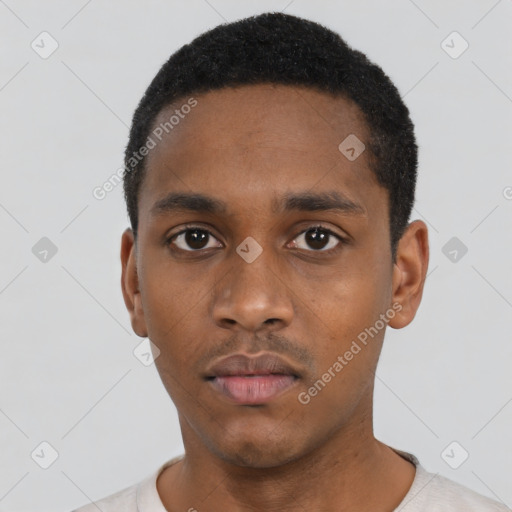 Neutral black young-adult male with short  black hair and brown eyes
