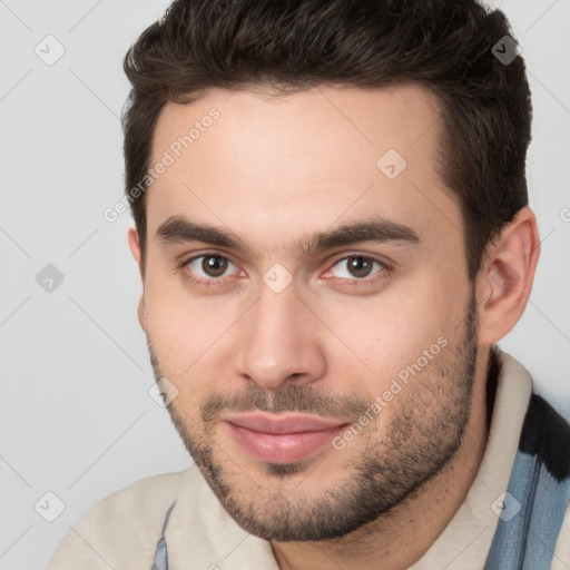 Neutral white young-adult male with short  brown hair and brown eyes