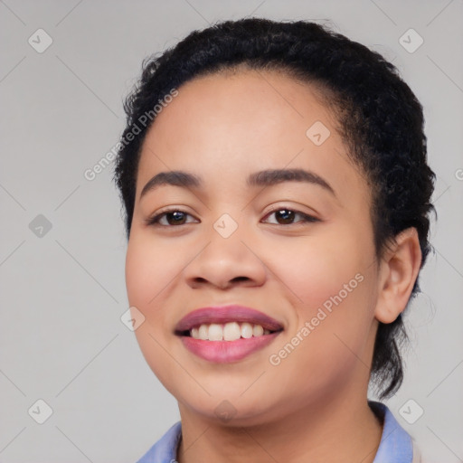 Joyful asian young-adult female with medium  black hair and brown eyes