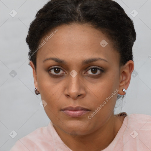 Neutral black young-adult female with short  brown hair and brown eyes