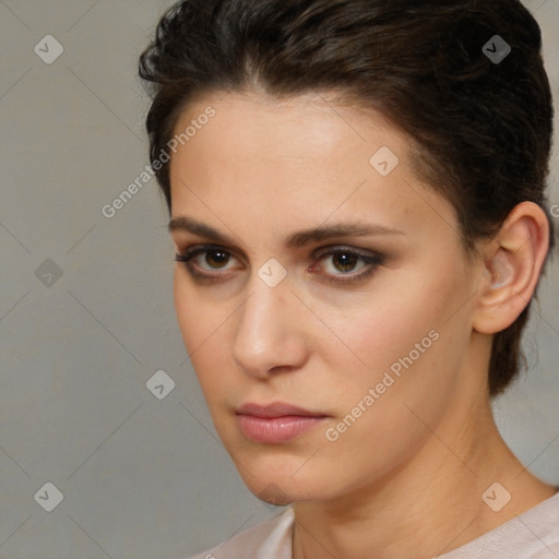 Neutral white young-adult female with short  brown hair and brown eyes