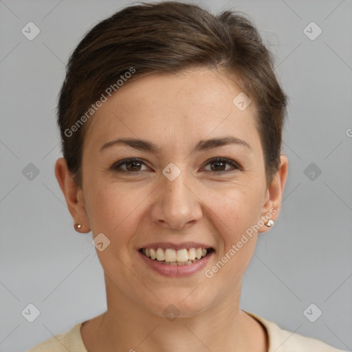 Joyful white young-adult female with short  brown hair and brown eyes