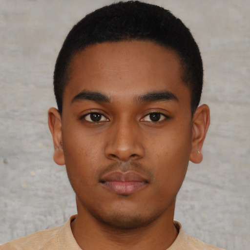 Neutral black young-adult male with short  black hair and brown eyes