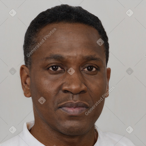Neutral black adult male with short  brown hair and brown eyes