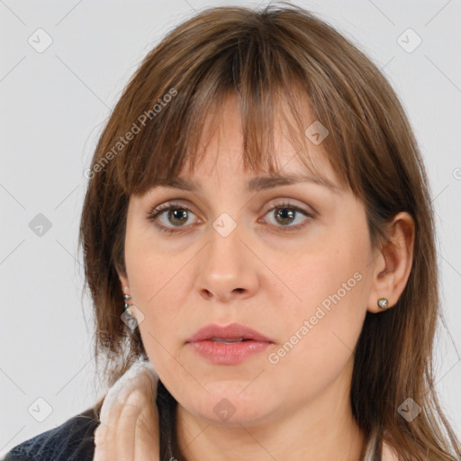 Neutral white young-adult female with medium  brown hair and brown eyes