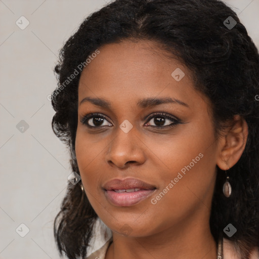 Joyful black young-adult female with medium  black hair and brown eyes