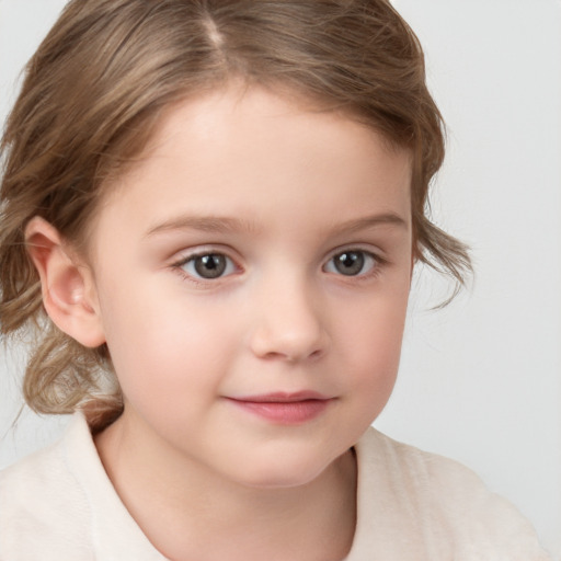 Neutral white child female with medium  brown hair and grey eyes