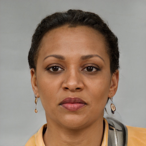 Neutral latino adult female with short  brown hair and brown eyes