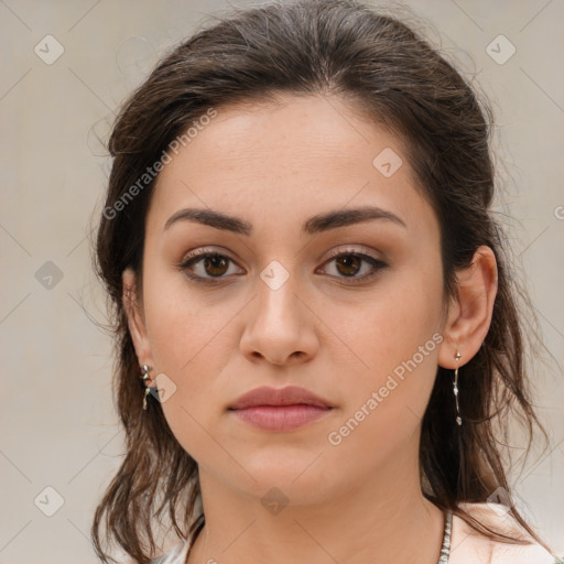 Neutral white young-adult female with medium  brown hair and brown eyes