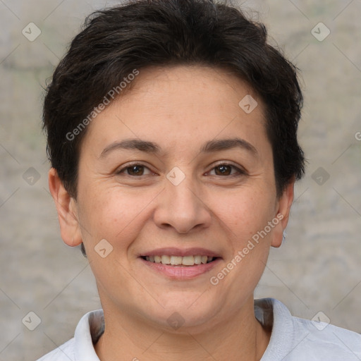 Joyful white adult female with short  brown hair and brown eyes