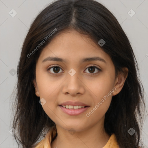 Joyful asian young-adult female with long  brown hair and brown eyes