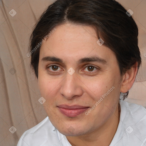 Joyful white young-adult female with medium  brown hair and brown eyes