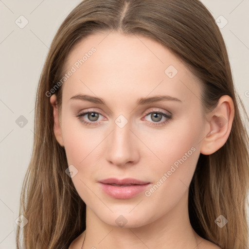 Neutral white young-adult female with long  brown hair and grey eyes