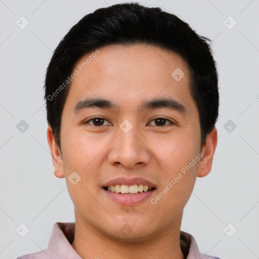 Joyful white young-adult male with short  black hair and brown eyes