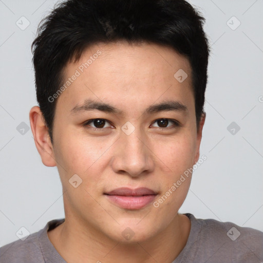 Joyful asian young-adult male with short  brown hair and brown eyes
