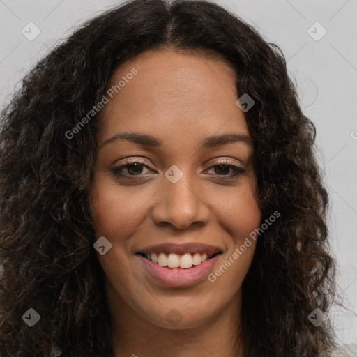 Joyful latino young-adult female with long  brown hair and brown eyes