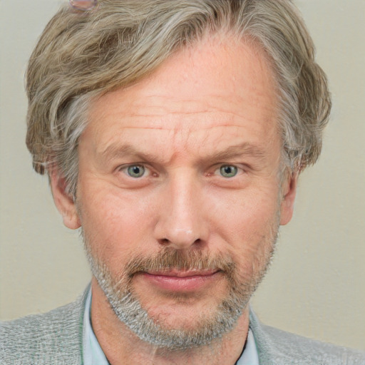 Neutral white middle-aged male with short  brown hair and blue eyes