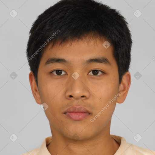 Neutral asian young-adult male with short  brown hair and brown eyes