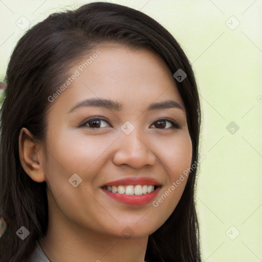 Joyful white young-adult female with long  brown hair and brown eyes