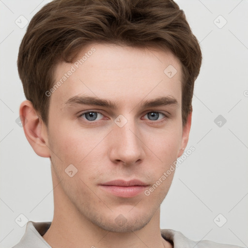 Neutral white young-adult male with short  brown hair and grey eyes