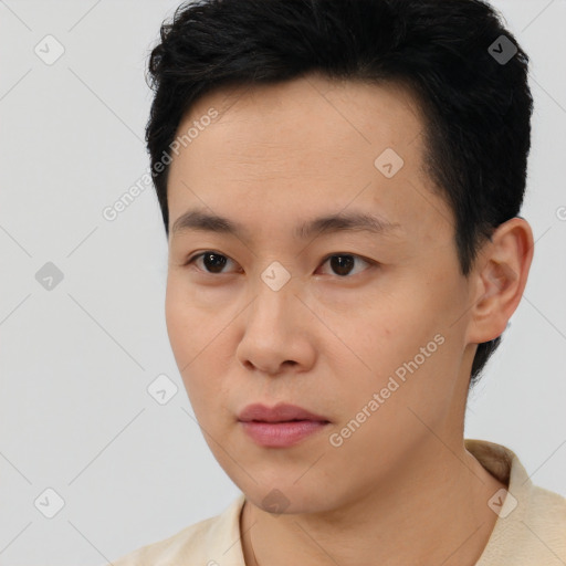 Neutral asian young-adult male with short  black hair and brown eyes