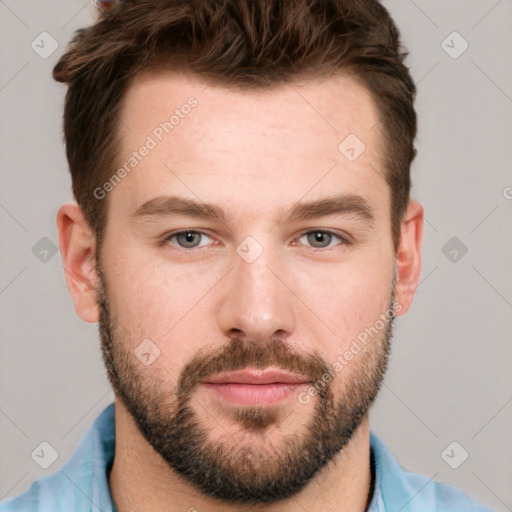 Neutral white young-adult male with short  brown hair and grey eyes