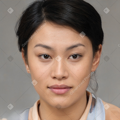 Neutral asian young-adult female with medium  brown hair and brown eyes