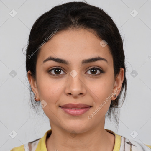 Joyful latino young-adult female with medium  brown hair and brown eyes