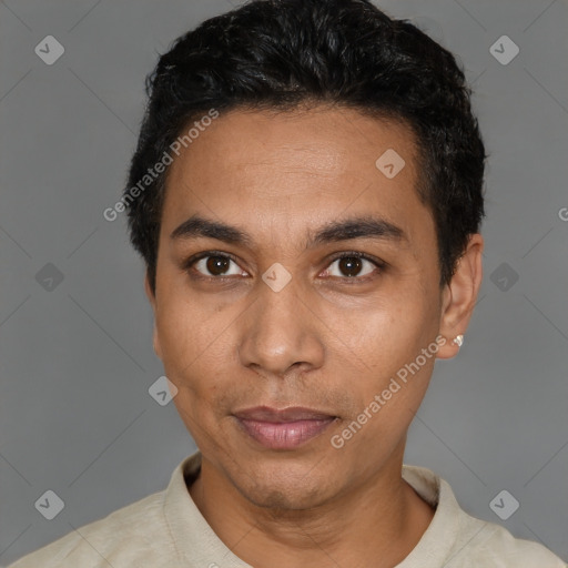 Neutral latino adult male with short  black hair and brown eyes