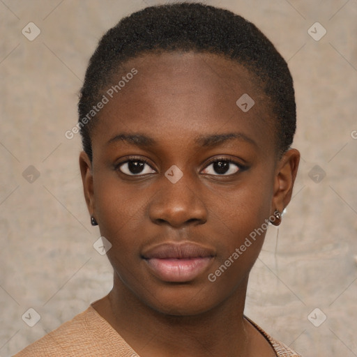 Neutral black young-adult female with short  brown hair and brown eyes