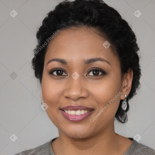 Joyful latino young-adult female with medium  black hair and brown eyes