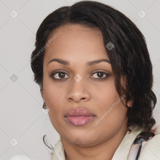 Joyful black young-adult female with medium  brown hair and brown eyes