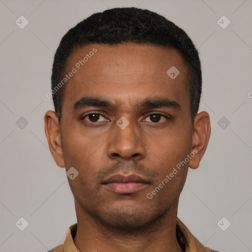 Neutral latino young-adult male with short  black hair and brown eyes