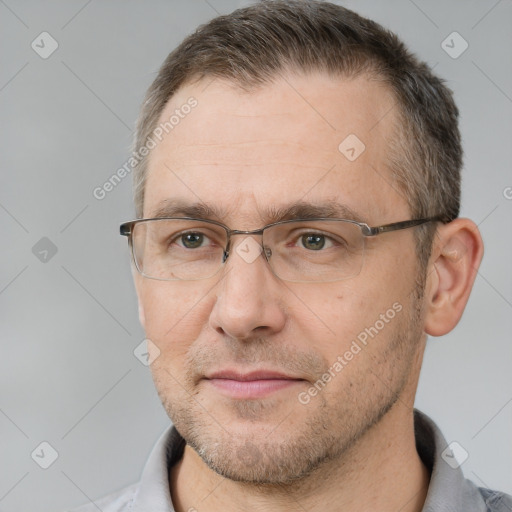 Neutral white adult male with short  brown hair and brown eyes