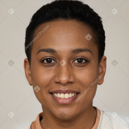 Joyful black young-adult female with short  black hair and brown eyes