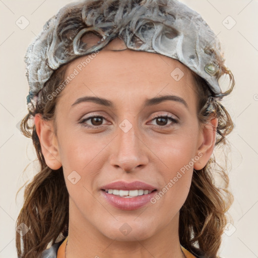 Joyful white young-adult female with medium  brown hair and blue eyes