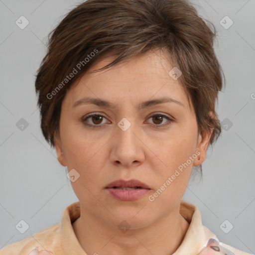 Neutral white young-adult female with short  brown hair and brown eyes