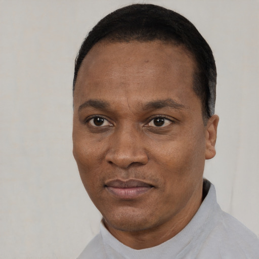 Neutral black adult male with short  black hair and brown eyes