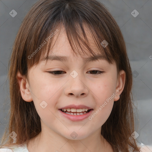 Joyful white child female with medium  brown hair and brown eyes