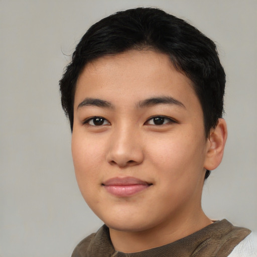 Neutral asian young-adult female with short  black hair and brown eyes